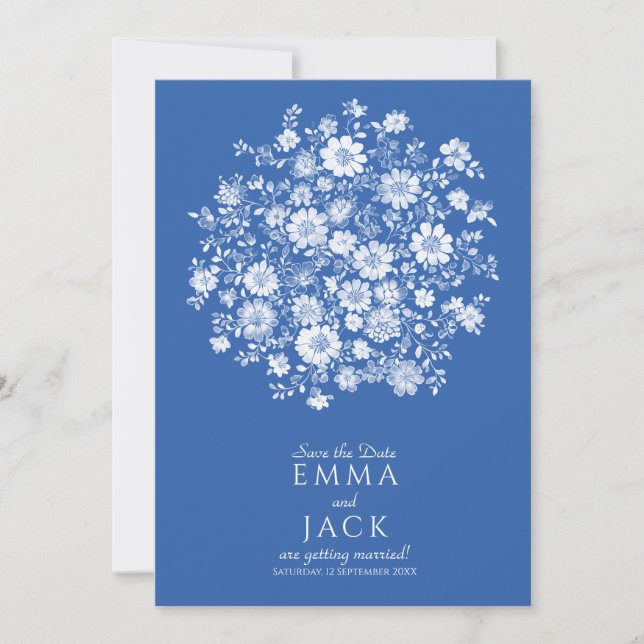 Dusty Blue Floral Bouquet Save the Date Card (Front)