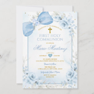 Dusty Blue Floral Boy Cross First Holy Communion Invitation