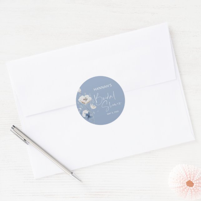 Dusty Blue Floral Bridal Shower Classic Round Sticker (Envelope)
