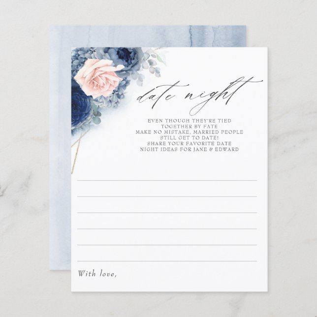 Dusty Blue Floral Bridal Shower Date Night Idea (Front/Back)