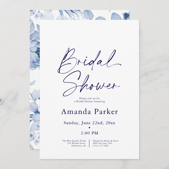 Dusty Blue Floral Bridal Shower  Invitation (Front/Back)