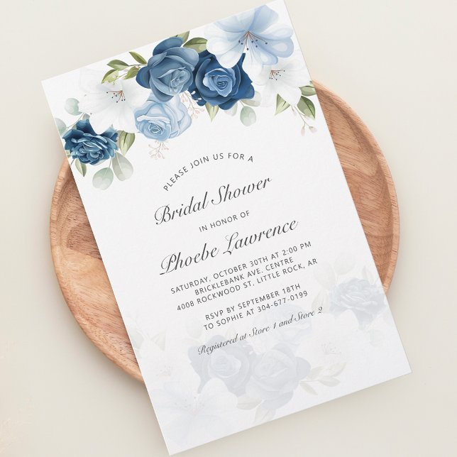 Dusty Blue Floral Bridal Shower Invitation Card (Dusty Blue Floral Script Typography Bridal Shower Invitation Stationery)