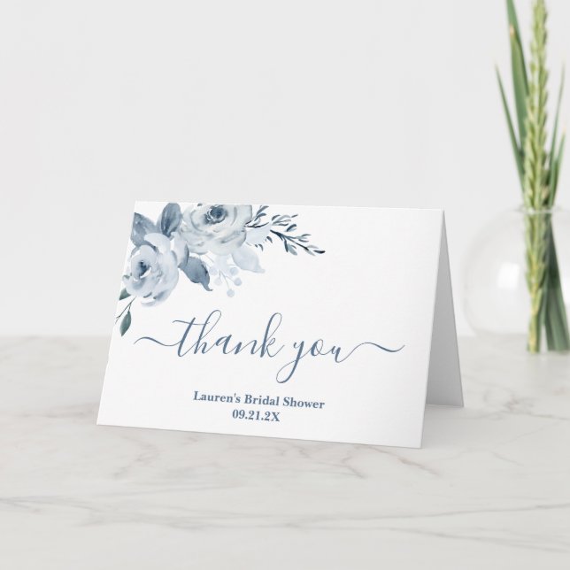 Dusty Blue Floral bridal shower Thank You Card (Front)