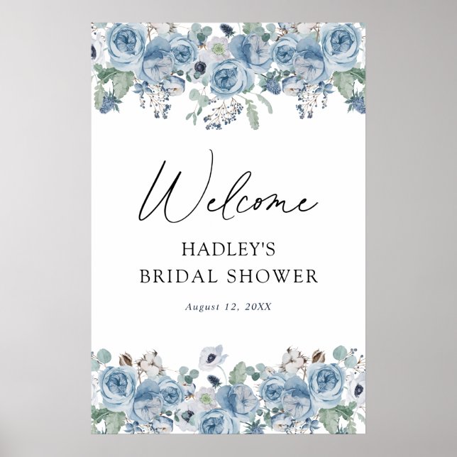 Dusty Blue Floral Bridal Shower Welcome Sign (Front)