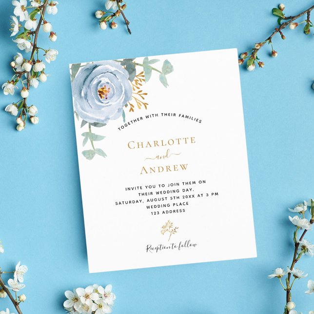Dusty blue floral budget wedding invitation (Creator Uploaded)
