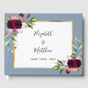 Dusty blue floral burgundy wedding guest book