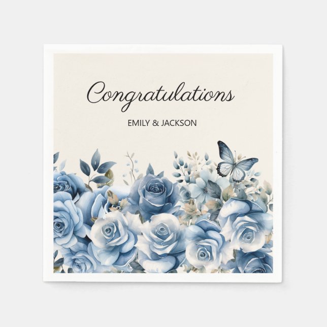 Dusty Blue Floral Butterflies Engagement Napkin (Front)