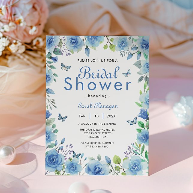 Dusty Blue Floral Butterfly Bridal Shower Invitation (Watercolor Dusty Blue Floral Greenery Butterfly bridal shower)