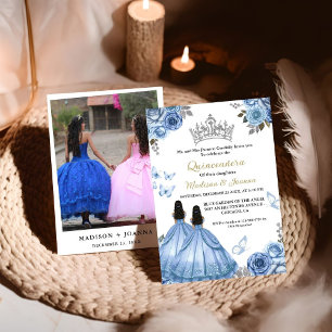 Dusty Blue Floral Butterfly Twin Girl Quinceanera  Invitation