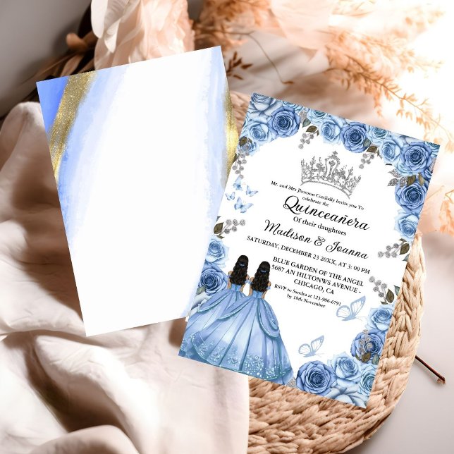 Dusty Blue Floral Butterfly Twin Girl Quinceanera  Invitation (Creator Uploaded)