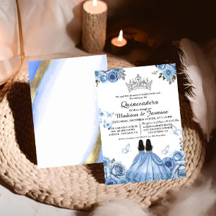 Dusty Blue Floral Butterfly Twin Quinceanera Invitation