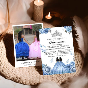 Dusty Blue Floral Butterfly Twin Quinceanera Invitation