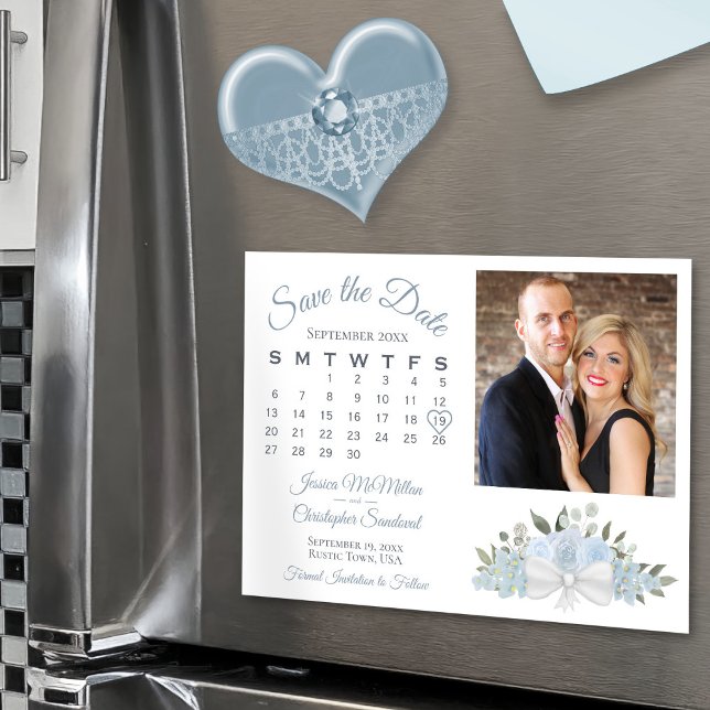 Dusty Blue Floral Calendar Photo Save the Date Magnetic Invitation (Magnetic for Easy Display!)