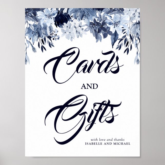 Dusty Blue Floral Cards & Gifts Wedding Sign (Front)