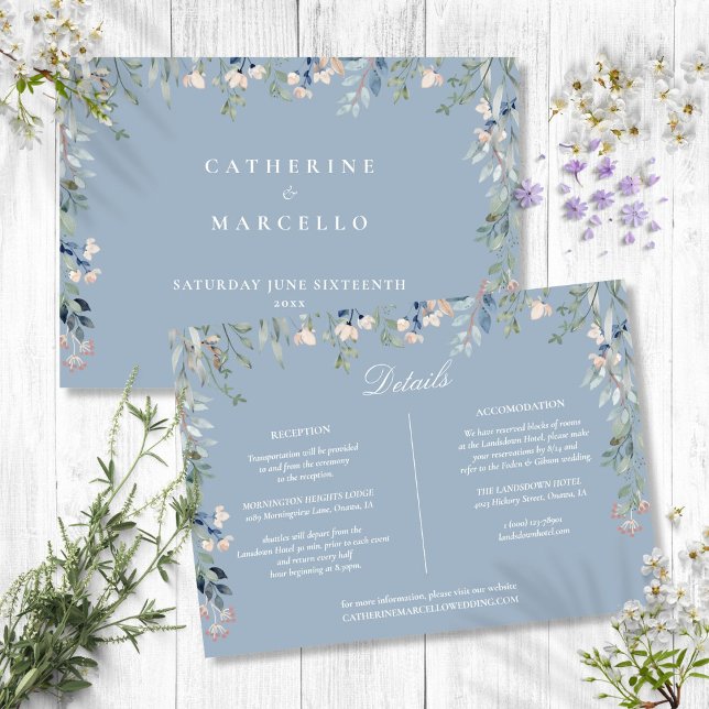Dusty Blue Floral Cascade Wedding Details Card (Dusty Blue Floral Cascade Wedding Details Card)