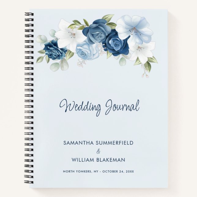 Dusty Blue Floral Chic Personalised Wedding Notebook (Front)
