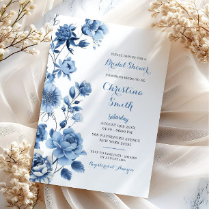 Dusty Blue Floral Chinoiserie Bridal Shower Invitation