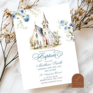 Dusty Blue Floral Classical Church Baptism Invitation