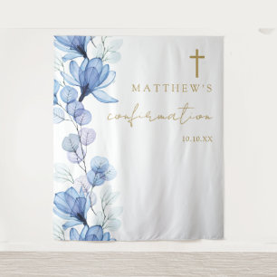 Dusty Blue Floral Confirmation Photo Backdrop Tapestry