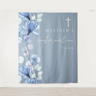 Dusty Blue Floral Confirmation Photo Backdrop Tapestry
