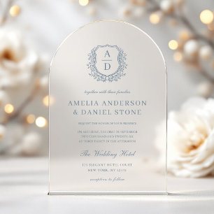 Dusty Blue Floral Crest Monogram Wedding Elegant Acrylic Invitations