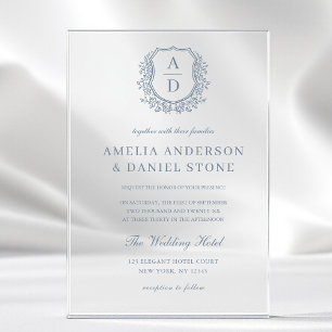 Dusty Blue Floral Crest Monogram Wedding Elegant Acrylic Invitations