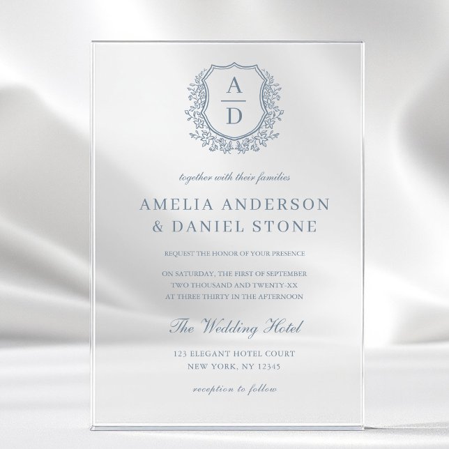 Dusty Blue Floral Crest Monogram Wedding Elegant Acrylic Invitations (Creator Uploaded)