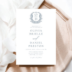 Dusty Blue Floral Crest Monogram Wedding Elegant Invitation