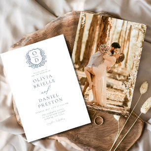 Dusty Blue Floral Crest Monogram Wedding Elegant Invitation