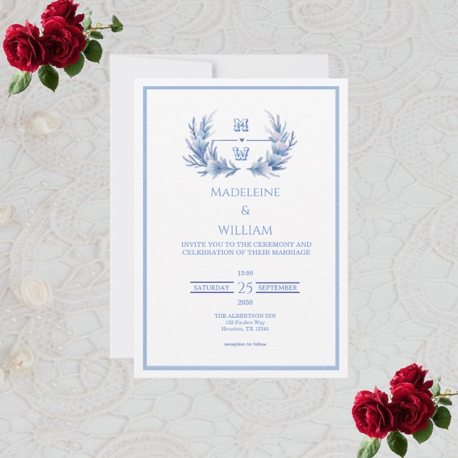 Dusty Blue Floral Crest Monogram Wedding Invitation (Creator Uploaded)
