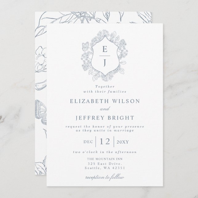 Dusty Blue Floral Crest Monogram Wedding Invitation (Front/Back)