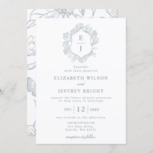 Dusty Blue Floral Crest Monogram Wedding Invitation