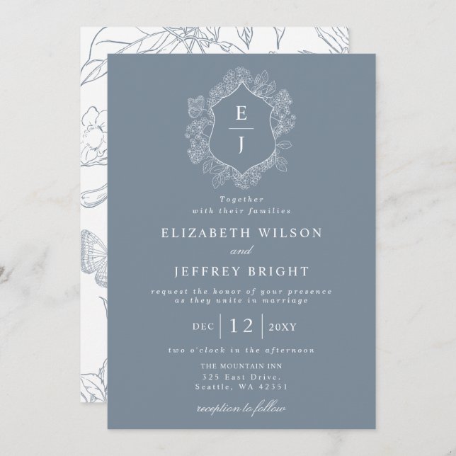 Dusty Blue Floral Crest Monogram Wedding Invitation (Front/Back)