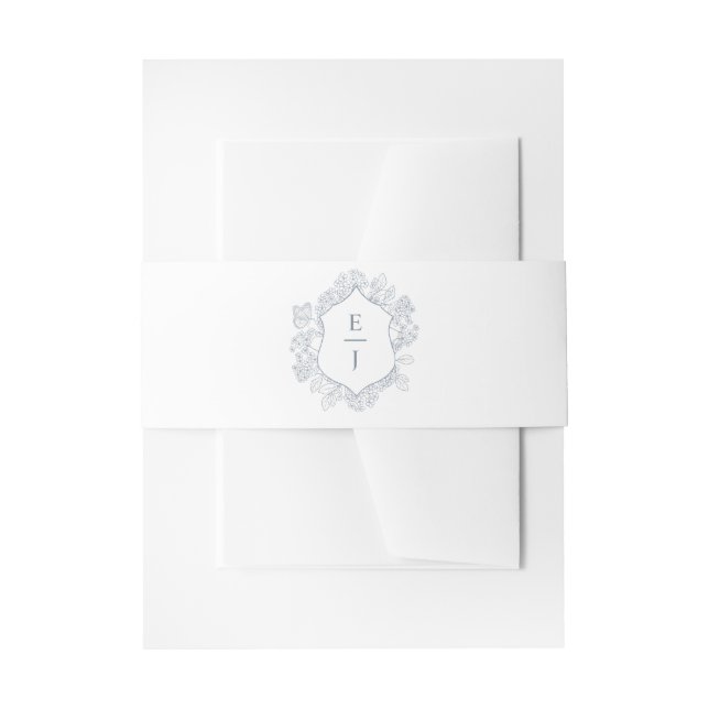 Dusty Blue Floral Crest Monogram Wedding Invitation Belly Band (Front Example)