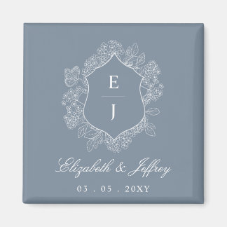 Dusty Blue Floral Crest Monogram Wedding Magnet