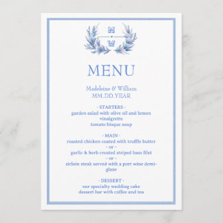 Dusty Blue Floral Crest Monogram Wedding Menu