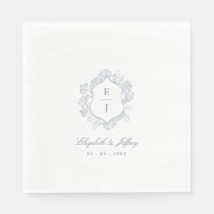 Dusty Blue Floral Crest Monogram Wedding Napkin
