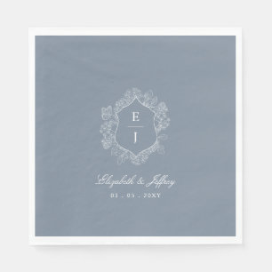 Dusty Blue Floral Crest Monogram Wedding Napkin
