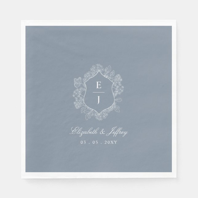Dusty Blue Floral Crest Monogram Wedding Napkin (Front)