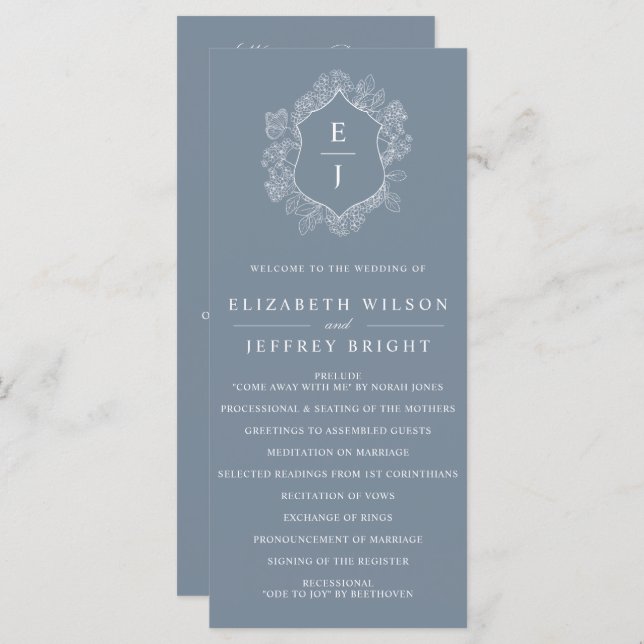 Dusty Blue Floral Crest Monogram Wedding Program (Front/Back)