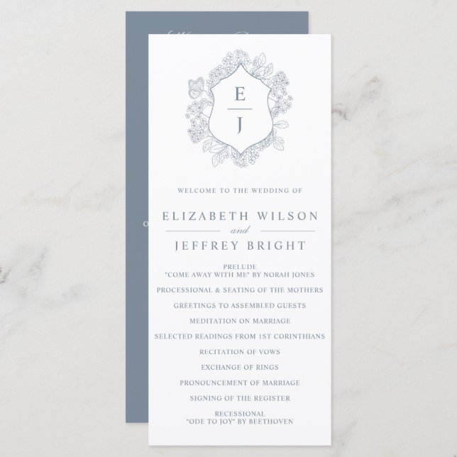 Dusty Blue Floral Crest Monogram Wedding Program (Front/Back)