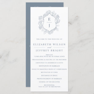 Dusty Blue Floral Crest Monogram Wedding Program