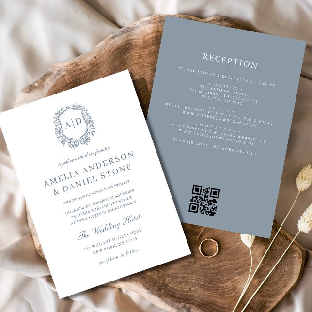 Dusty Blue Floral Crest Monogram Wedding QR Code Invitation (Creator Uploaded)