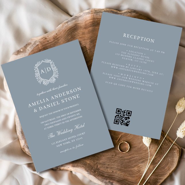 Dusty Blue Floral Crest Monogram Wedding QR Code Invitation (Creator Uploaded)