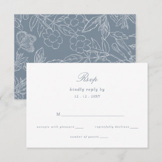 Dusty Blue Floral Crest Monogram Wedding RSVP Card