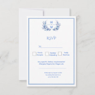 Dusty Blue Floral Crest Monogram Wedding RSVP Card