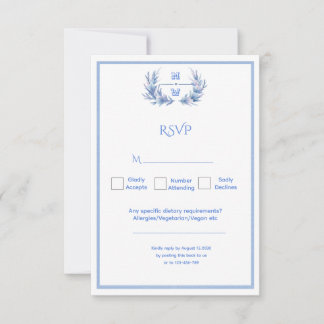 Dusty Blue Floral Crest Monogram Wedding RSVP Card