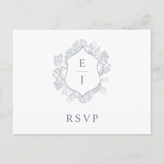 Dusty Blue Floral Crest Monogram Wedding RSVP Postcard (Front)