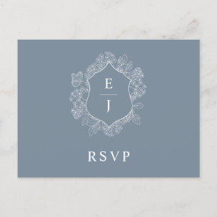 Dusty Blue Floral Crest Monogram Wedding RSVP Postcard
