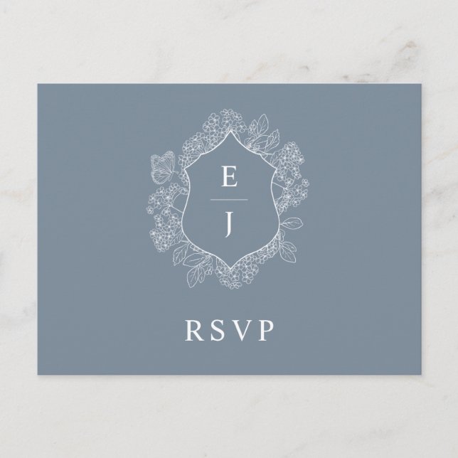 Dusty Blue Floral Crest Monogram Wedding RSVP Postcard (Front)